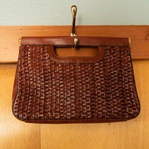Etienne Aigner Vintage Oxblood Brown Woven Leather w. Gold Chain Strap Clutch